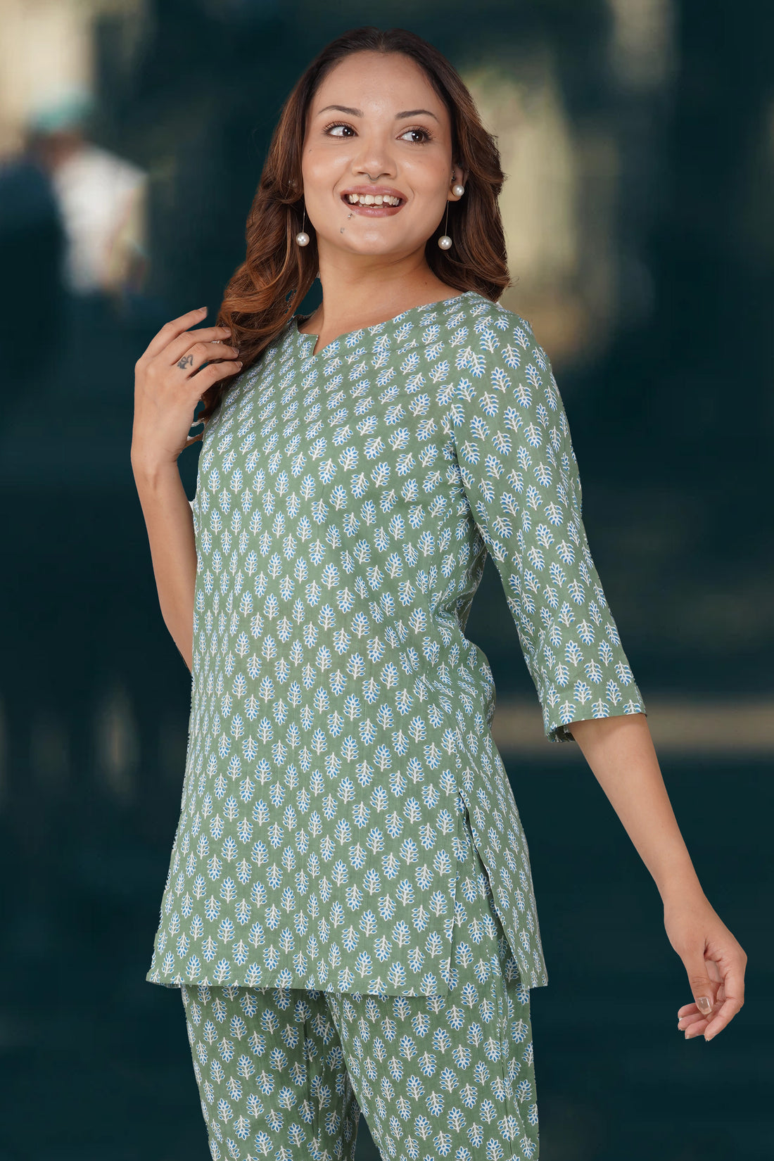 Dark Sea Green Cotton Printed Pyjama Set