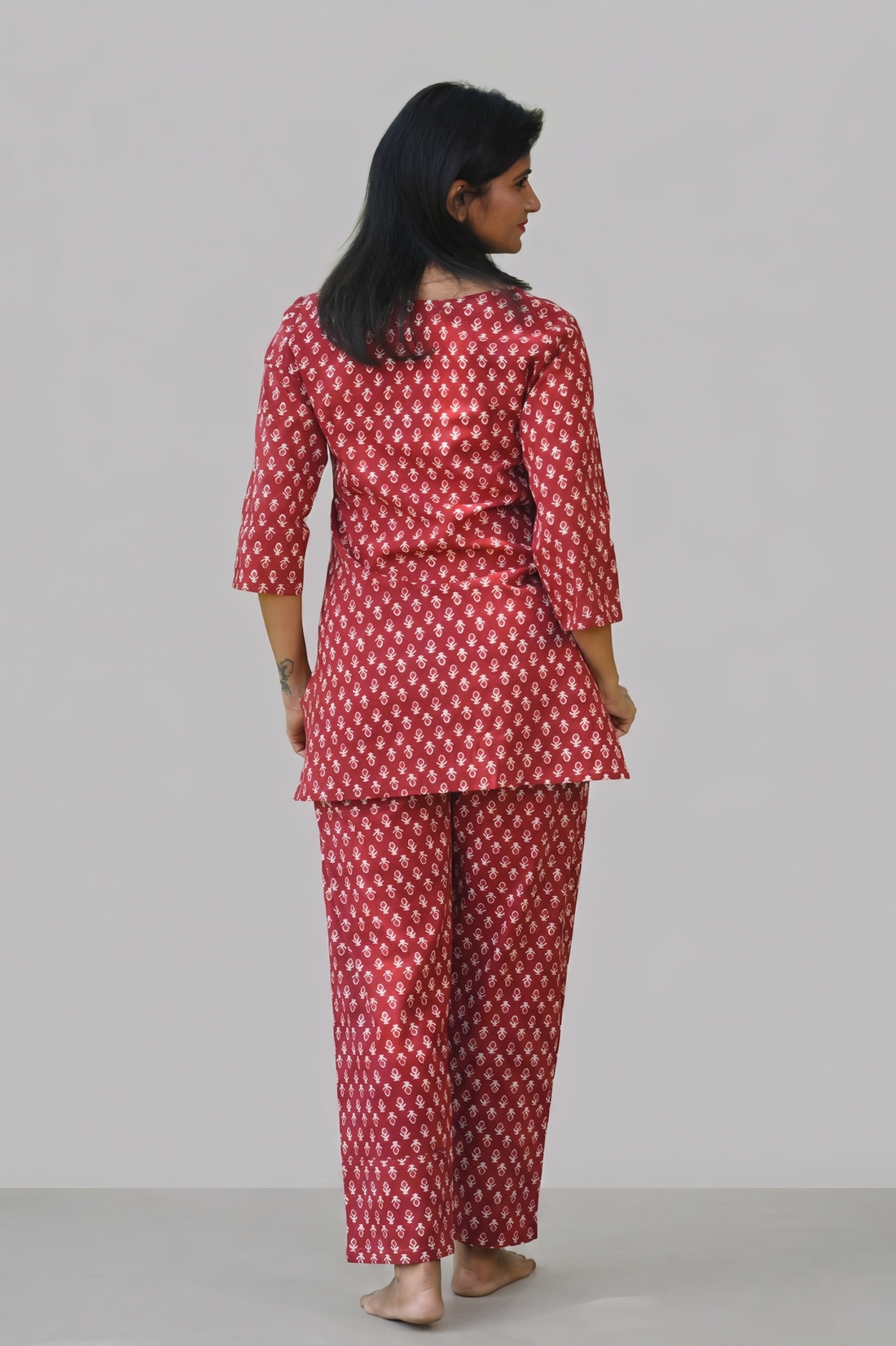 Maroon Butta Cotton Printed Pyjama Set