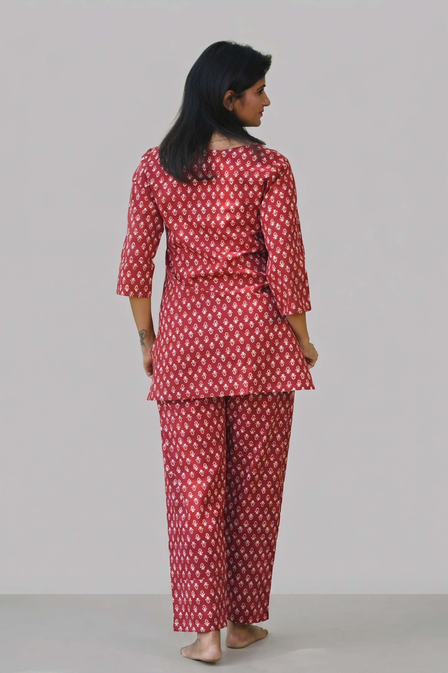 Maroon Butta Cotton Printed Pyjama Set
