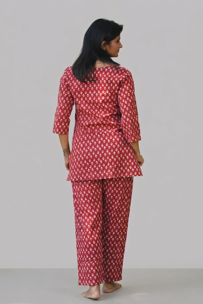 Maroon Butta Cotton Printed Pyjama Set