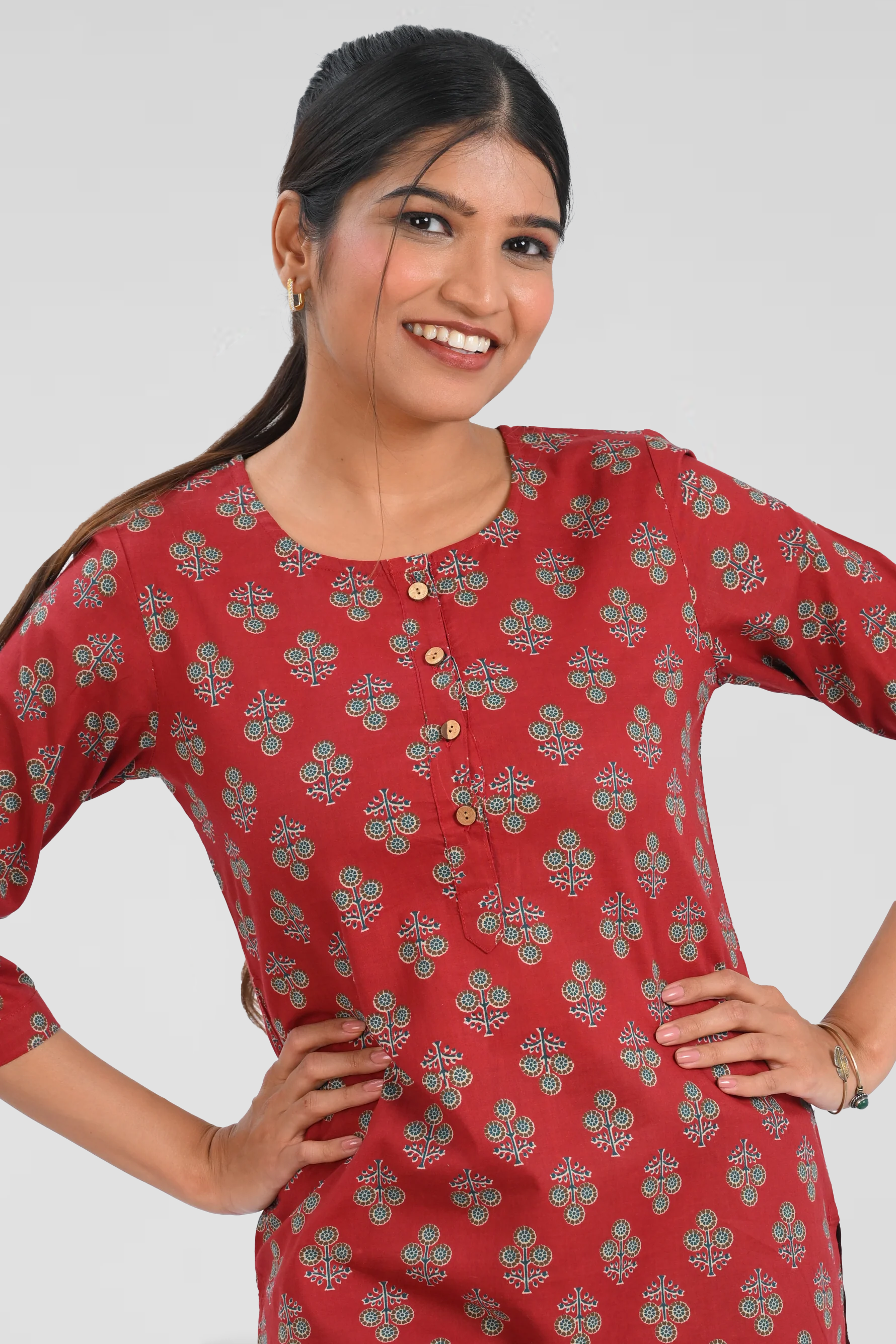 Maroon Cotton Printed Short Kurti
