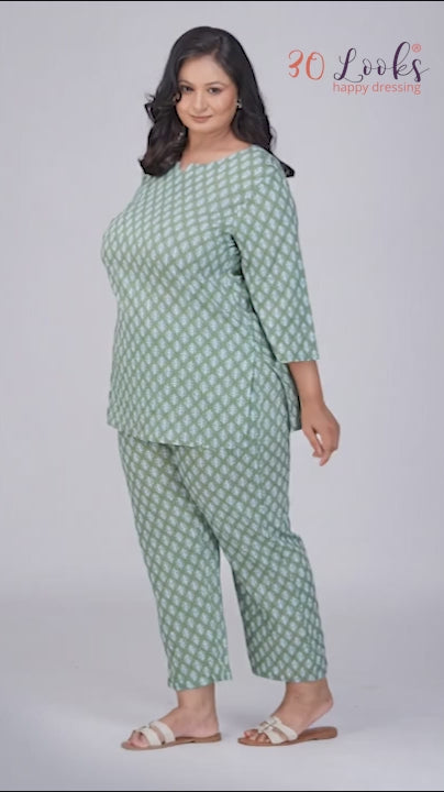 Dark Sea Green Plus Size Cotton Printed Kurti