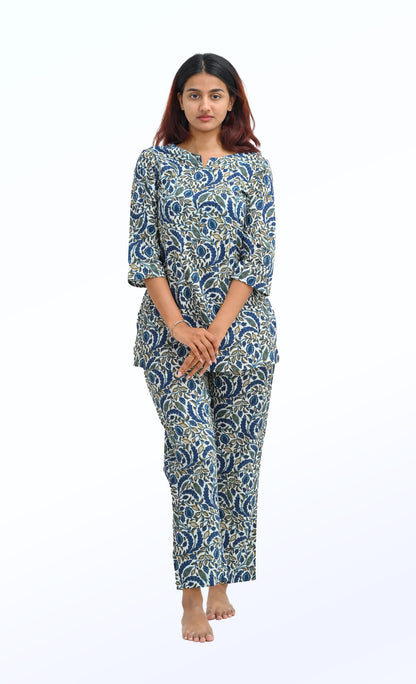 Regal Blue Cotton Printed Pyjama Set
