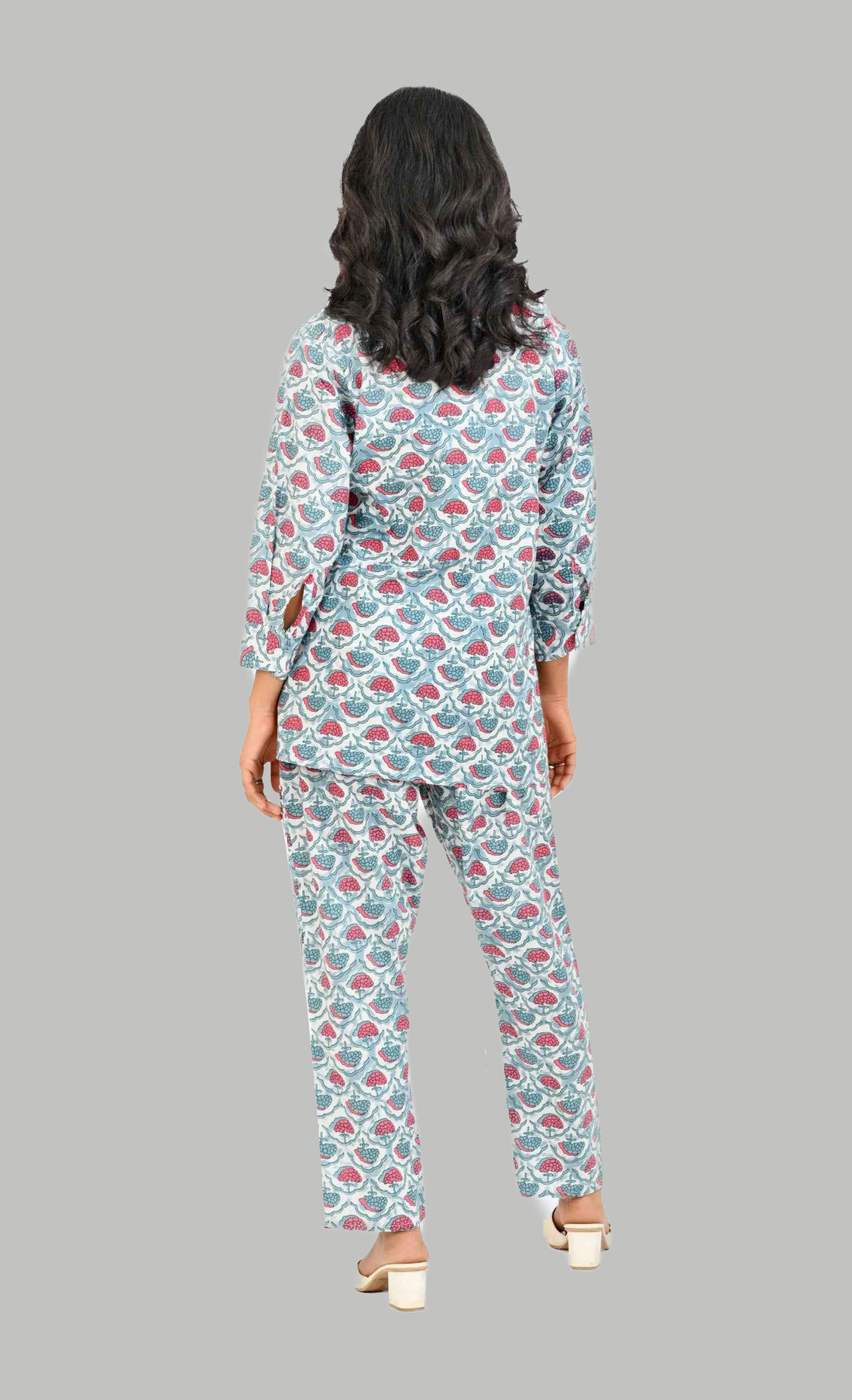 Sky Blue Cotton Printed Pyjama Set Cuban Collar