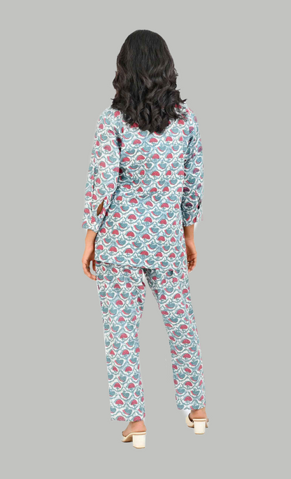 Sky Blue Cotton Printed Pyjama Set Cuban Collar