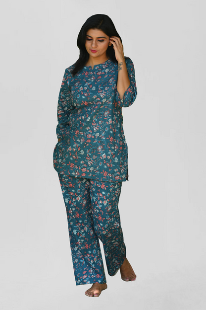 Navy Floral Cotton Printed Pyjama Set