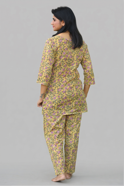 Yellow Floral Cotton Printed Pyjama Set