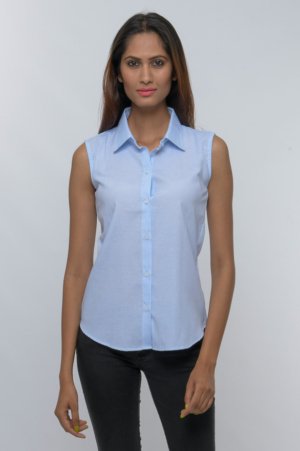 stripped button down collared sleeveless shirt