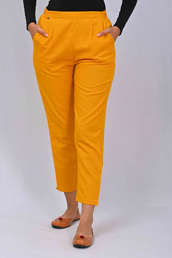 Mustard Solid Cotton Trousers