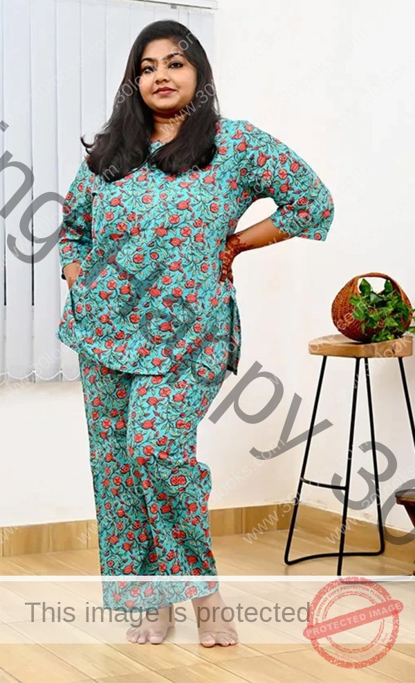 Women's 100% cotton Aqua Blue Plus Size Cotton Printed Night Suit Set- Jaipur print