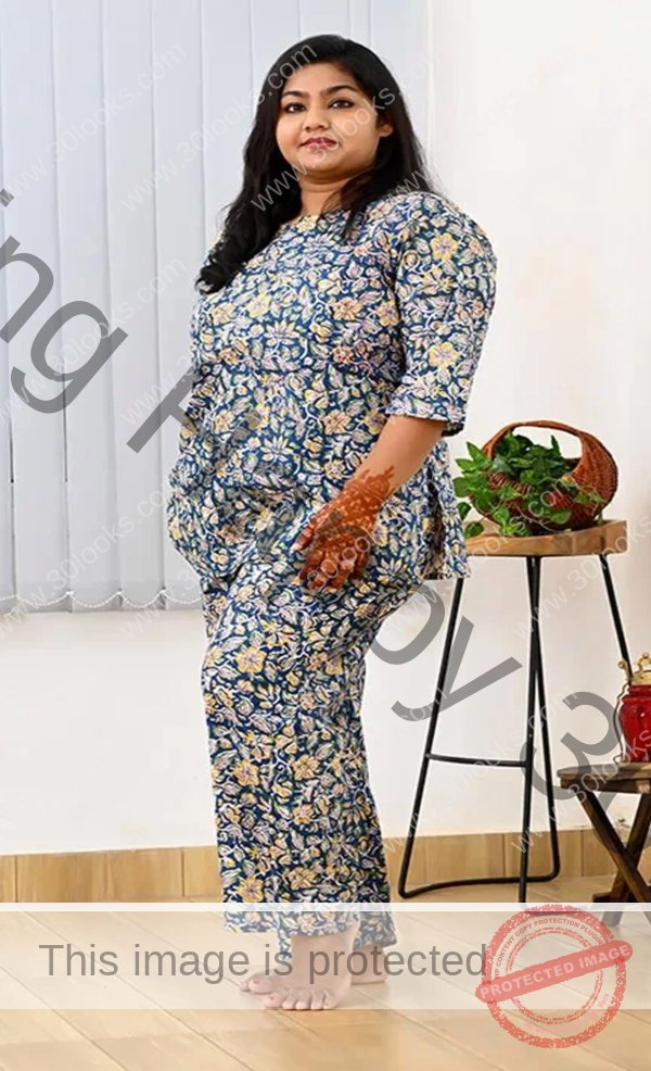Women's 100% cotton Blue Floral Plus Size Printed Night Suit Set- Jaipur print
