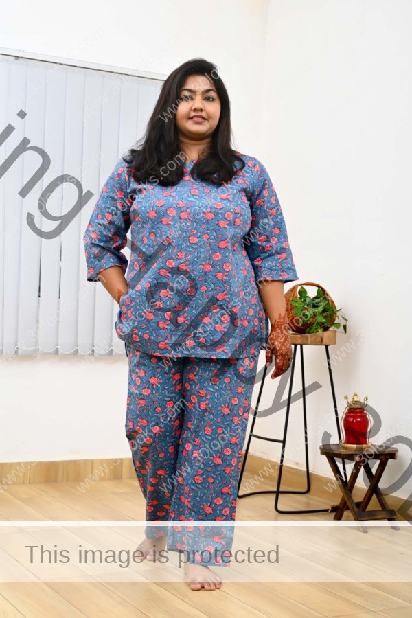 Blue Plus Size Cotton Printed Night Suit Set for Women