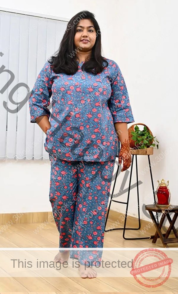 Women's 100% cotton Blue Plus Size Printed Night Suit Set- Jaipur print