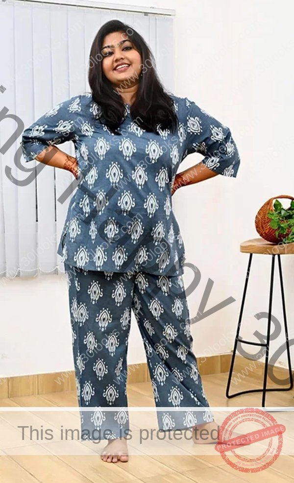 Women's 100% cotton Grey Plus Size Printed Night Suit Set - Jaipur print