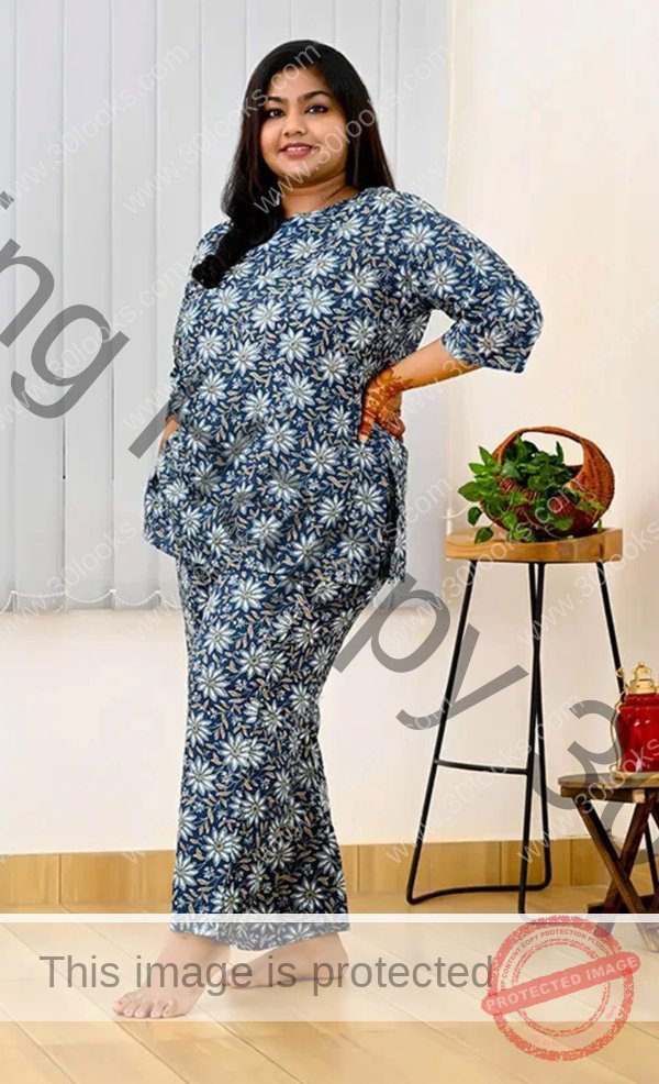 Women's 100% cotton Midnight Blue Plus Size Printed Night Suit Set- Jaipur print