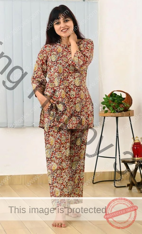 Women's 100% cotton Red Paisley Printed Night Suit Set- Jaipur print