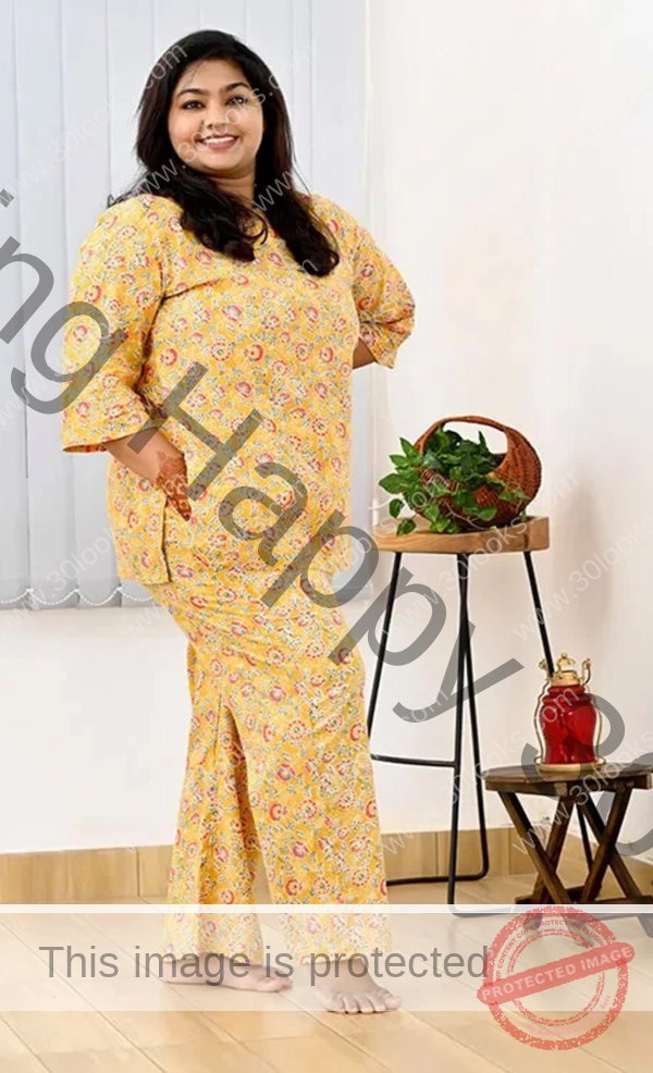 Women's 100% cotton Yellow Plus Size Printed Night Suit Set- Jaipur print