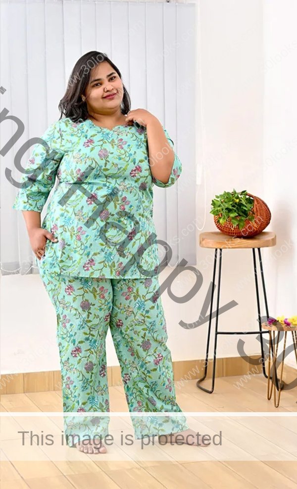 Women's 100% cotton Aqua Plus Size Printed Night Suit Set- Jaipur print