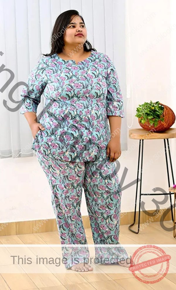 Women's 100% cotton Baby Blue Plus Size Printed Night Suit Set- Jaipur print