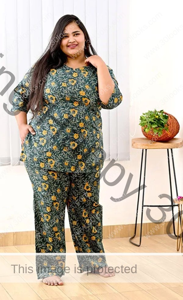 100% cotton Bottle Green Plus Size Cotton Printed Night Suit Set - Jaipur print