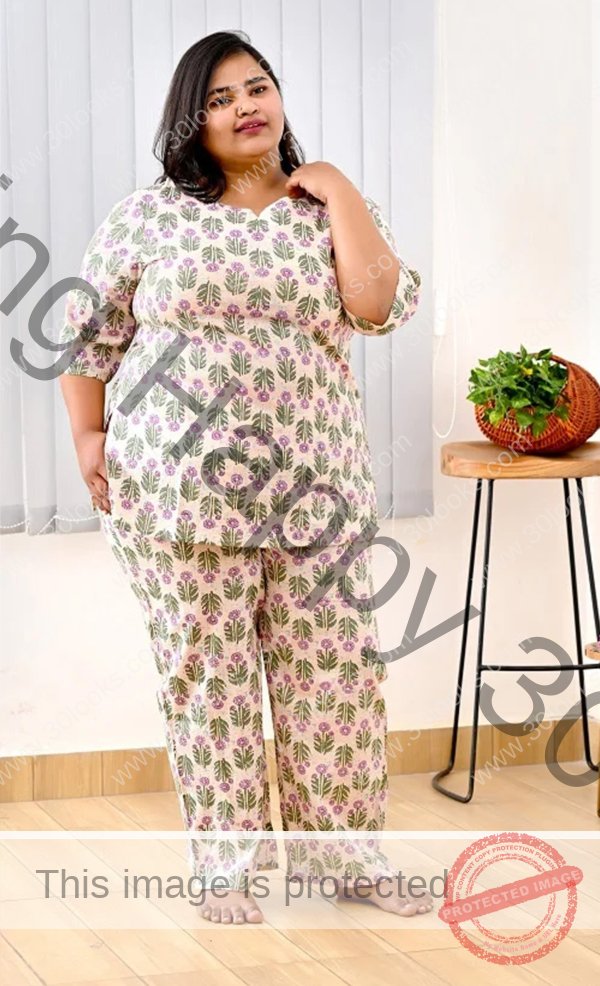Women's 100% cotton Cream Plus Size Printed Night Suit Set- Jaipur print