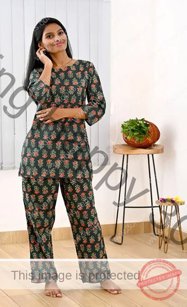 Deep Green Cotton Printed Night Suit Set