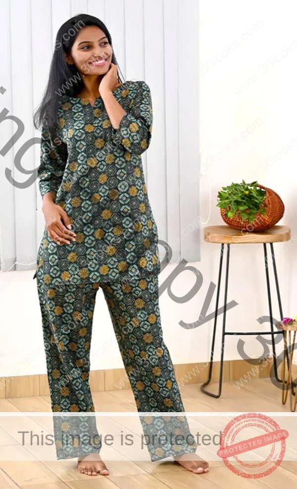 Women's 100% cotton Green Printed Night Suit Set - Jaipur print