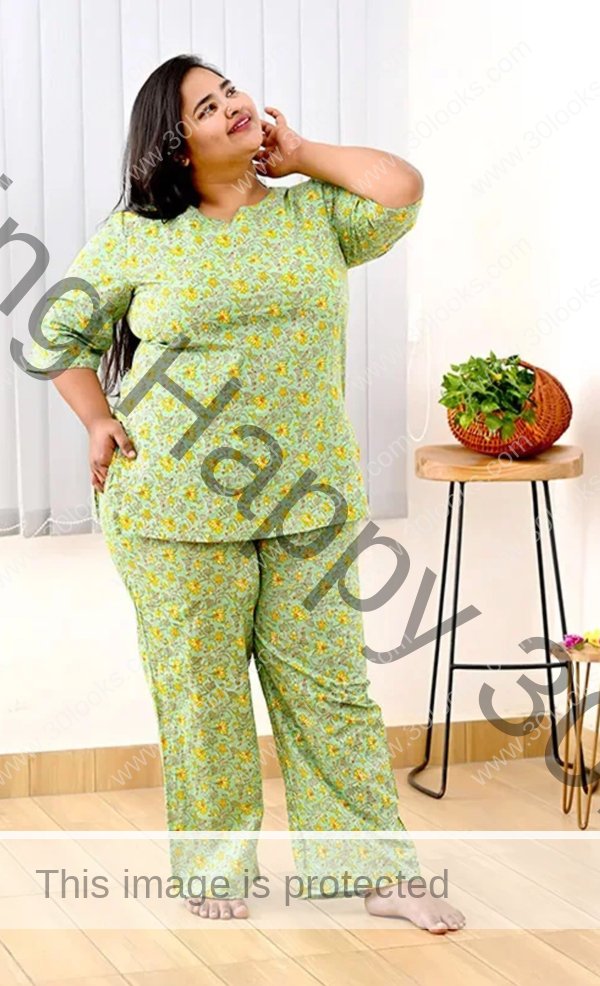 Women's 100% cotton Mint Plus Size Printed Night Suit Set - Jaipur print