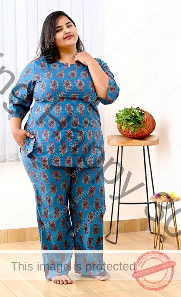Women's 100% cotton Peacock Blue Size Printed Night Suit Set- Jaipur print