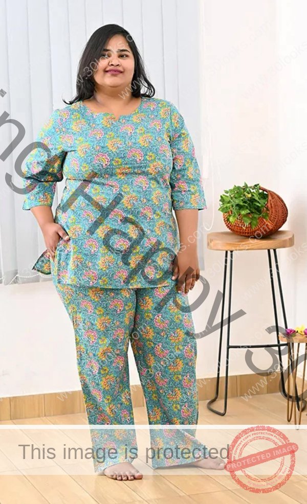 Women's 100% cotton Turquoise Plus Size Printed Night Suit Set- Jaipur print