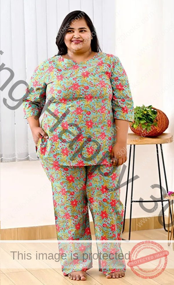 Women's 100% cotton Vintage Blue Plus Size Printed Night Suit Set - Jaipur print