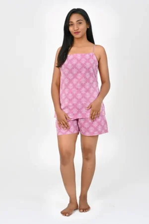 Pink Cotton Strap Top and Shorts Set