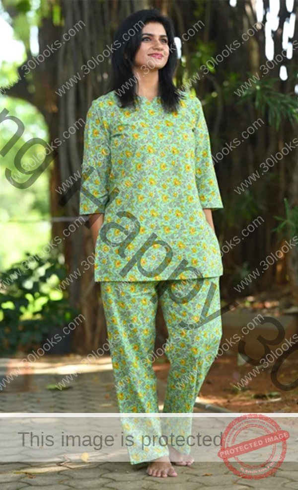 Women's 100% cotton Mint Floral Cotton Printed Night Suit Set- Jaipur print
