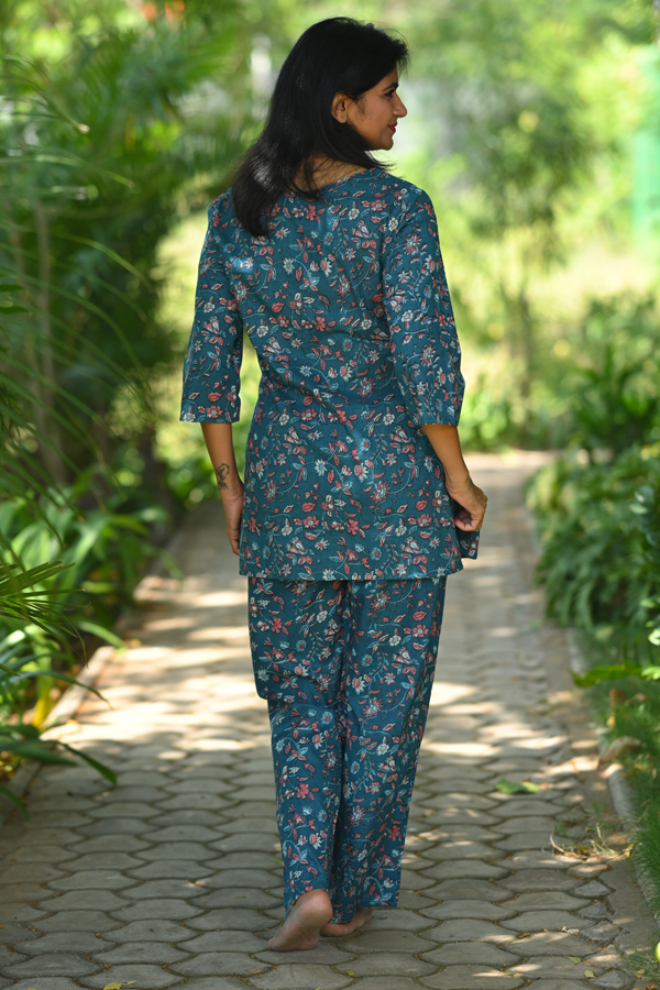 Navy Floral Cotton Printed Night Suit Set