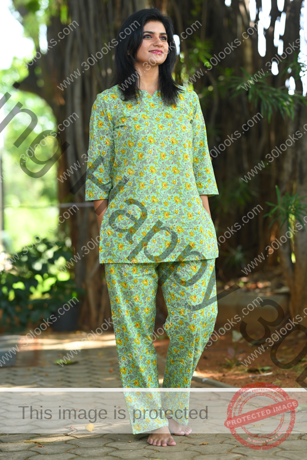 Mint Floral Green Cotton Printed Night Suit Set