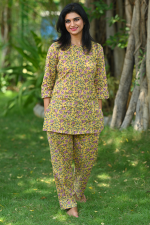 Yellow Floral Cotton Printed Night Suit Set