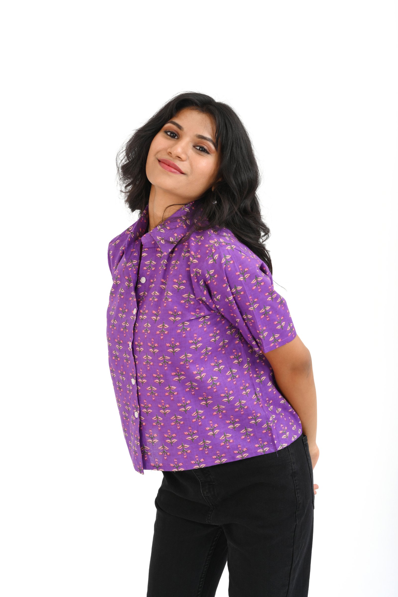 Purple Cotton Printed Crop Shirt