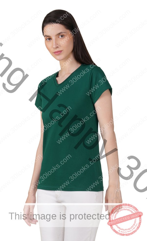 Bottle Green Cotton V-Neck T-shirt for Women