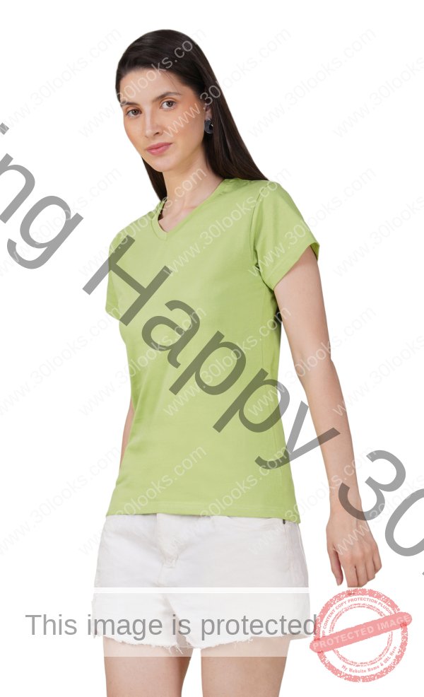 Light Green Cotton V-Neck T-shirt for Women