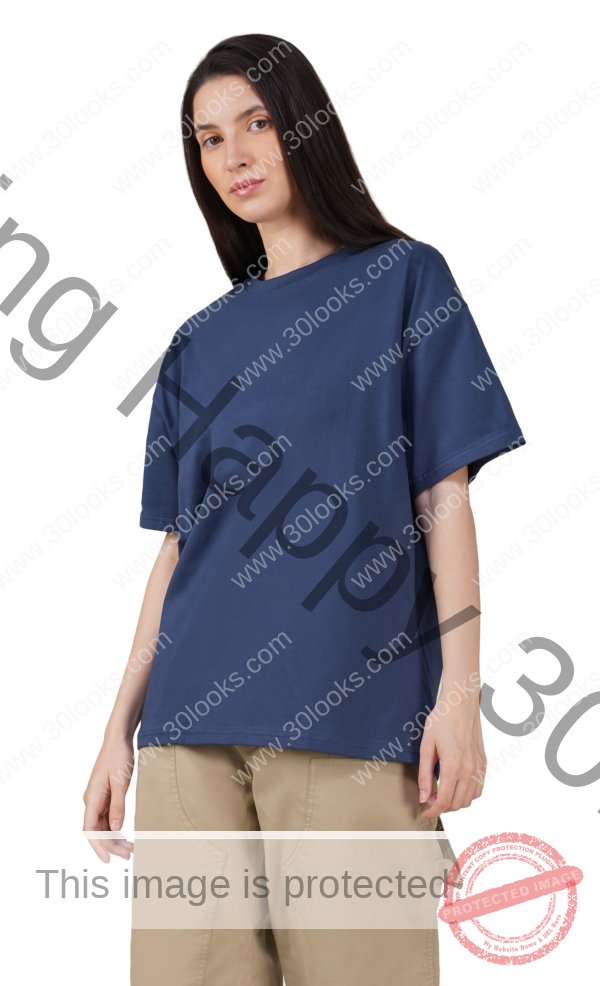 Navy Blue Cotton Oversized Crew Neck T-shirt for Women