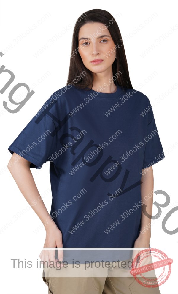 Navy Blue Cotton Oversized Crew Neck T-shirt for Women
