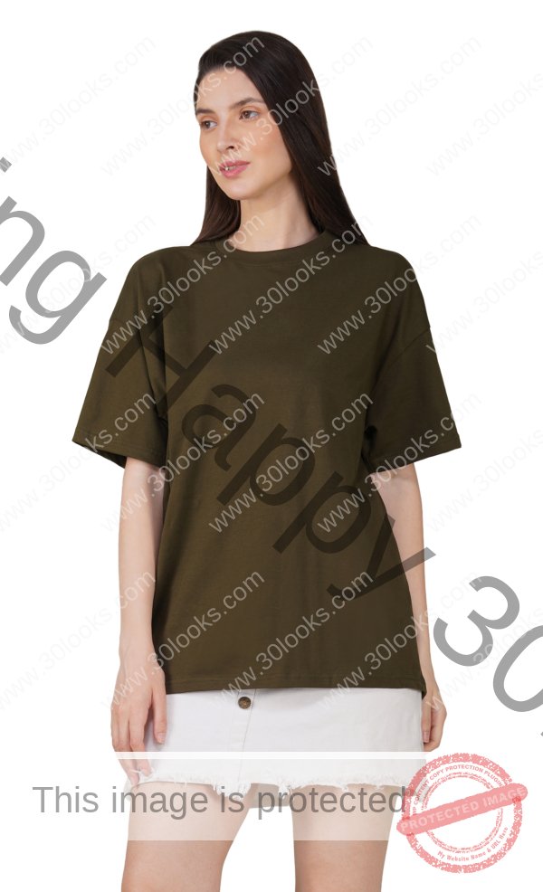 Olive Cotton Oversized Crew Neck T-shirt for Women