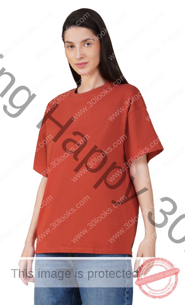 Tomato Red Cotton Oversized Crew Neck T-shirt for Women