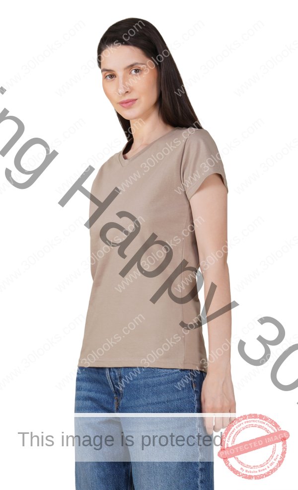 Warm Grey Cotton V-Neck T-shirt for Women