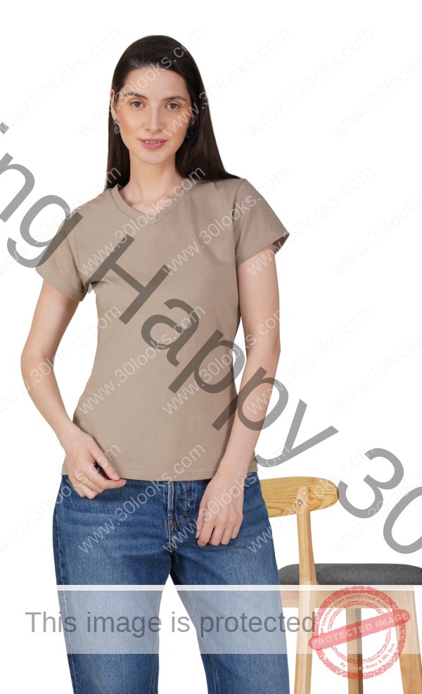 Warm Grey Cotton V-Neck T-shirt for Women